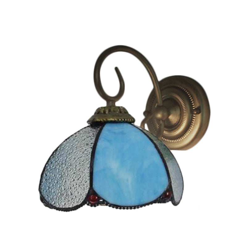 Lisslune | Tiffany Flower-shaped Wall Lamp with Curved Arm 1 Light Glass Wall Lamp in Blue for the Home Office