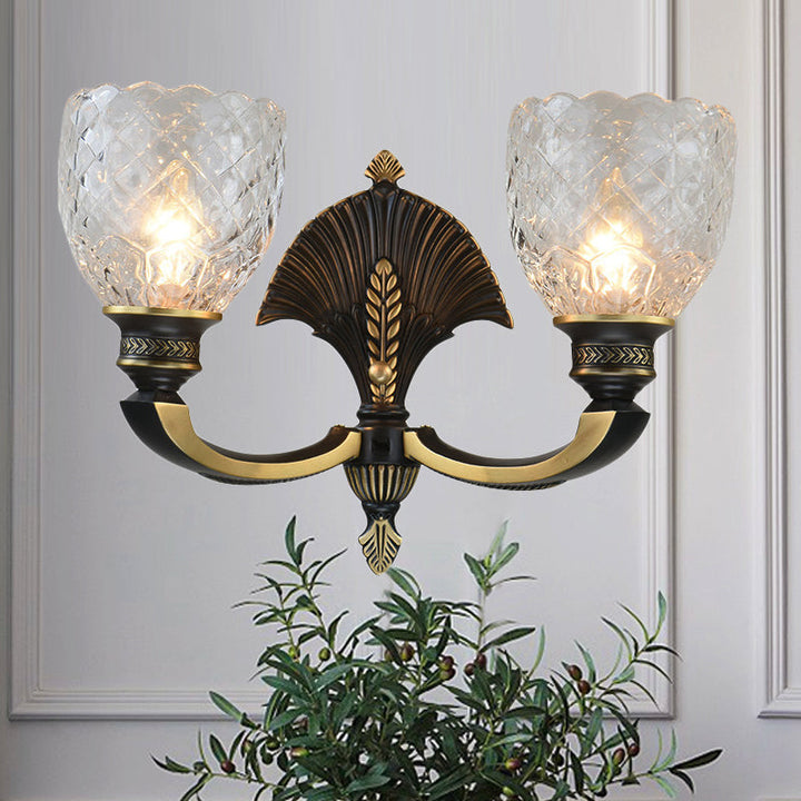Skørter | 1/2-Light Wall Lamp Vintage Dome Clear Glass Wall Fixture with Curved Arm in Brass for the Study