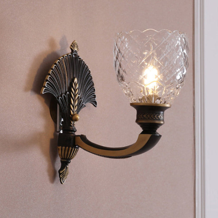 Skørter | 1/2-Light Wall Lamp Vintage Dome Clear Glass Wall Fixture with Curved Arm in Brass for the Study