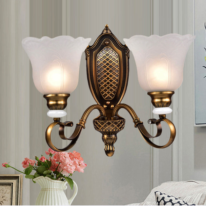 Skørter | Retro Floral Wall Light 1/2-Light White Glass Wall Mounted Lamp with Metal Twisted Arm in Bronze