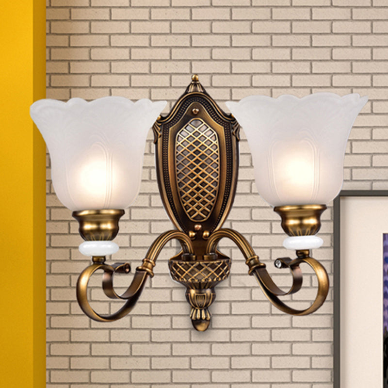Skørter | Retro Floral Wall Light 1/2-Light White Glass Wall Mounted Lamp with Metal Twisted Arm in Bronze