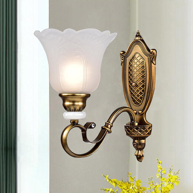 Skørter | Retro Floral Wall Light 1/2-Light White Glass Wall Mounted Lamp with Metal Twisted Arm in Bronze