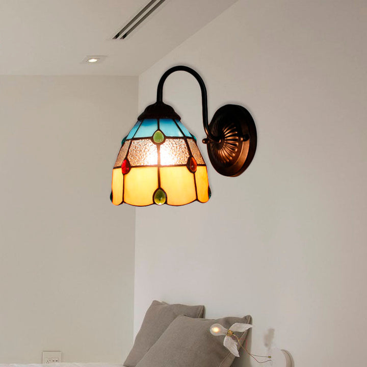 Lisslune | Tiffany Dome Wall Lamp Fixture 1 Main Yellow-Blue Glass Wall Light with Agate Decoration