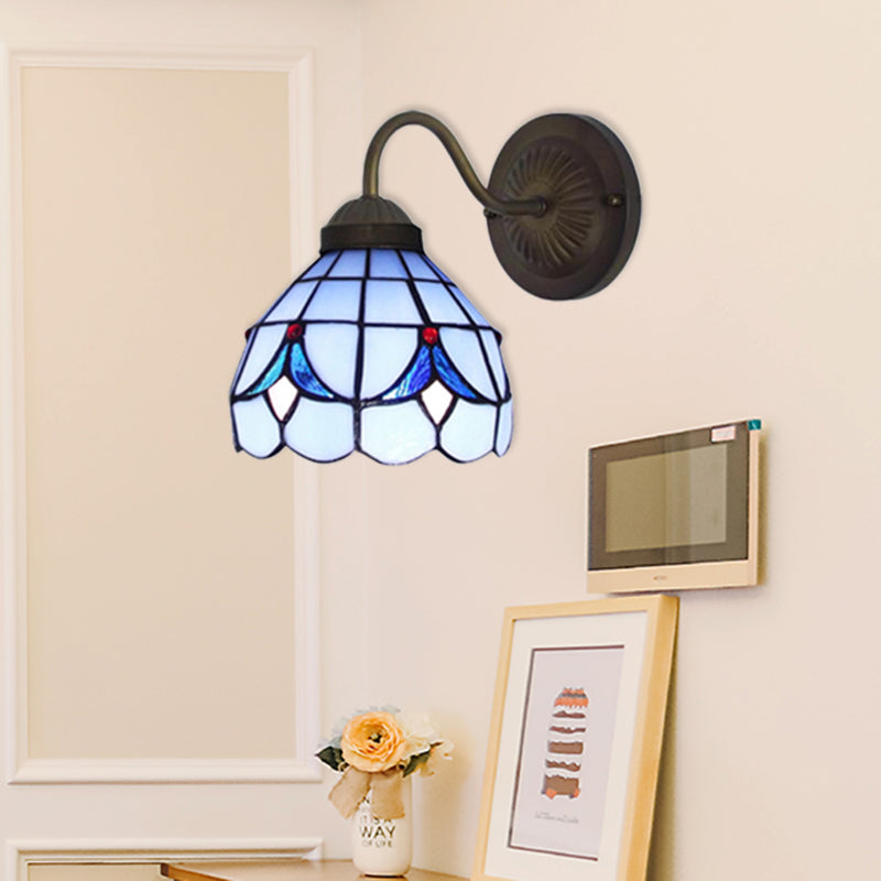 Lisslune | 1 Head Flower Wall Light Tiffany White/Blue Glass Wall Mounted Lamp for Bedroom