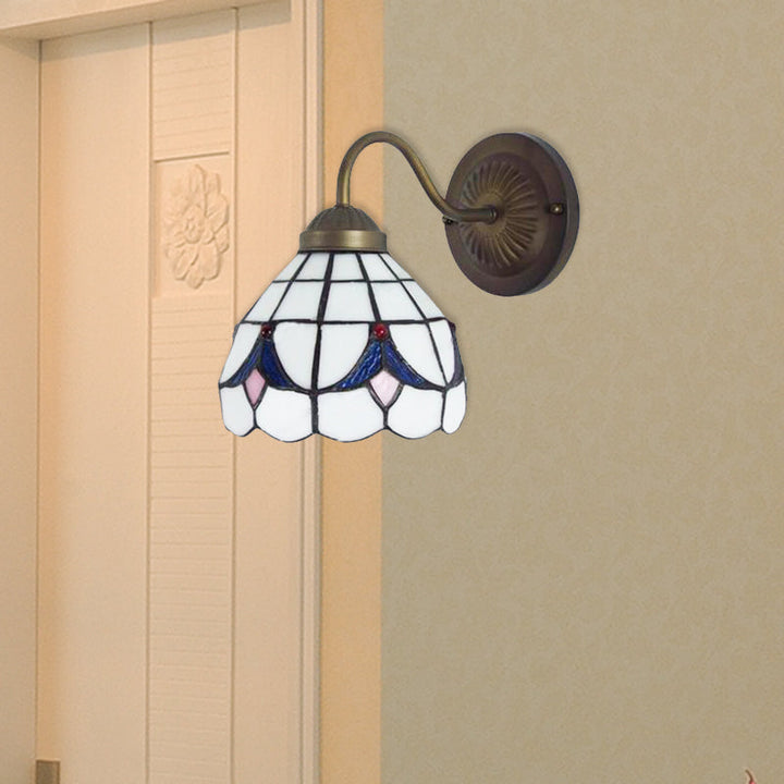 Lisslune | 1 Head Flower Wall Light Tiffany White/Blue Glass Wall Mounted Lamp for Bedroom