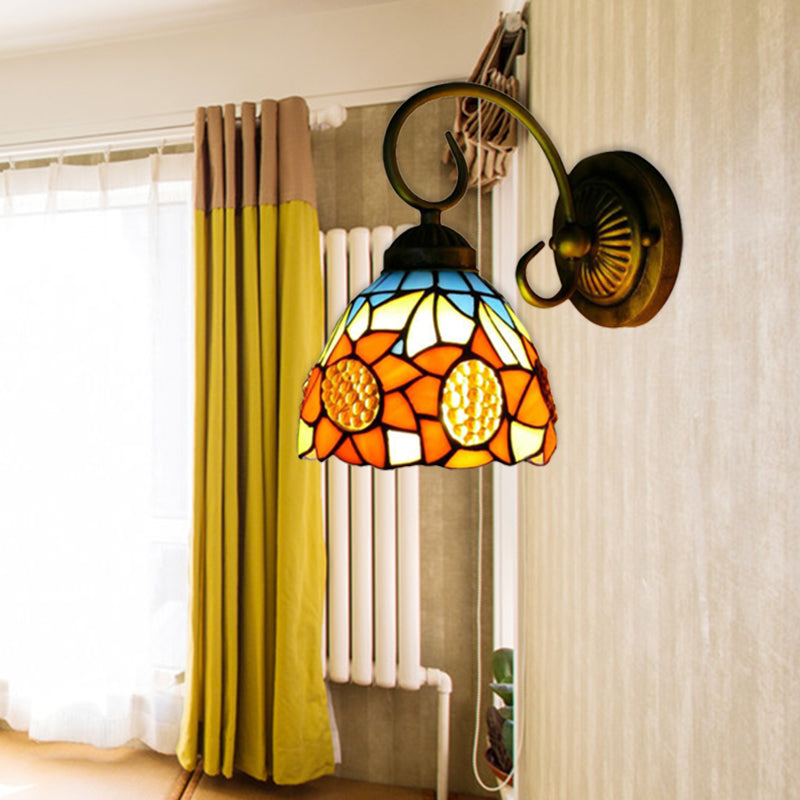 Lisslune | Sunflower Orange Glass Wall Lamp Victorian 1 Head Bronze Wall Mounted Light, 6"/8" Wide