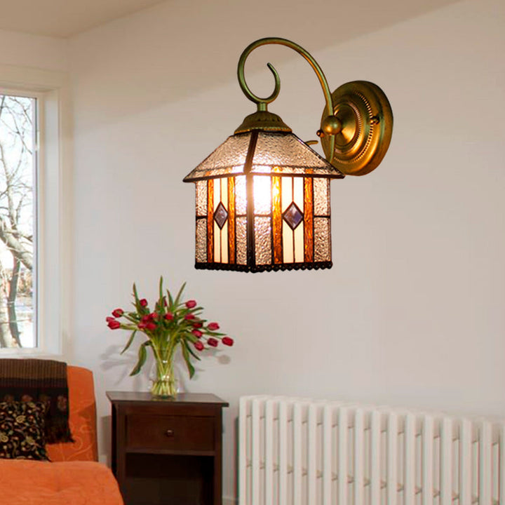 Lisslune | Bedroom Hanging House Wall Sconces Art Glass 1 Head Tiffany Creative Wall Lamp with Curved Arm in Brass