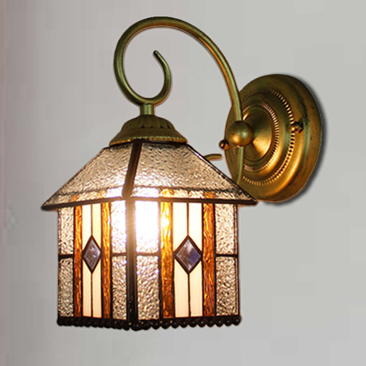 Lisslune | Bedroom Hanging House Wall Sconces Art Glass 1 Head Tiffany Creative Wall Lamp with Curved Arm in Brass