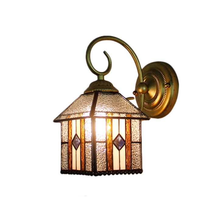 Lisslune | Bedroom Hanging House Wall Sconces Art Glass 1 Head Tiffany Creative Wall Lamp with Curved Arm in Brass
