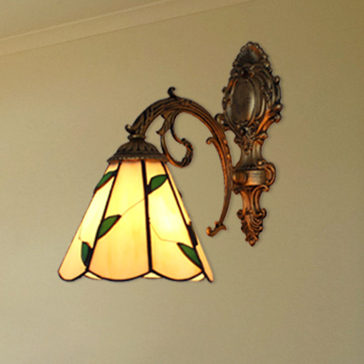 Lisslune | Blad Corridor Wall Lamp with Carved Base Glass 1 Light Tiffany Wall Lamp in Beige