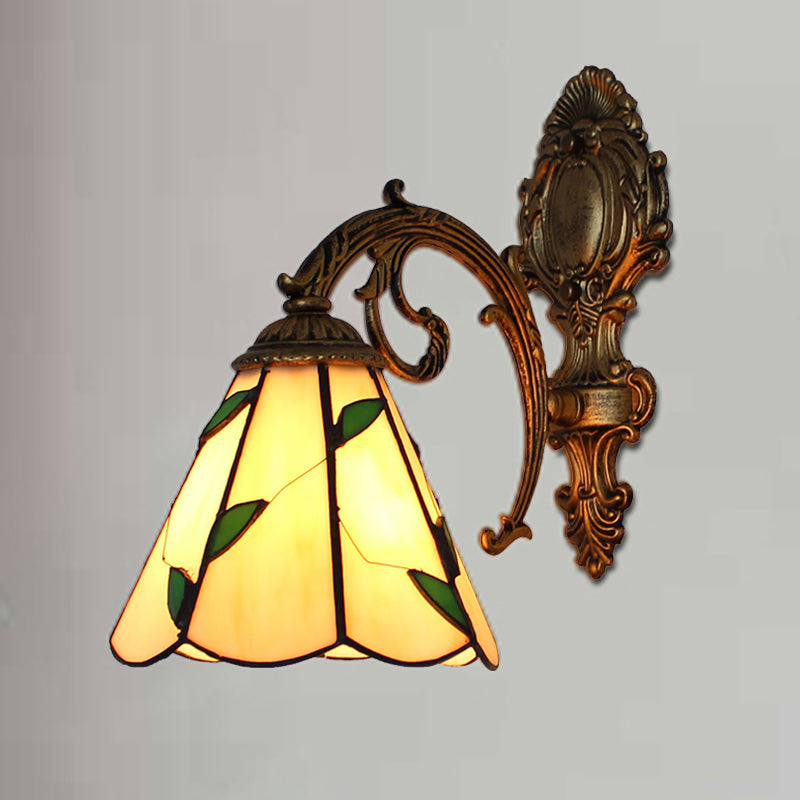 Lisslune | Blad Corridor Wall Lamp with Carved Base Glass 1 Light Tiffany Wall Lamp in Beige