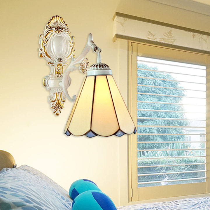 Lisslune | Cone Wall Lamp Traditional Beige Glass 1 Light Wall Lighting in White Finish for Bedroom