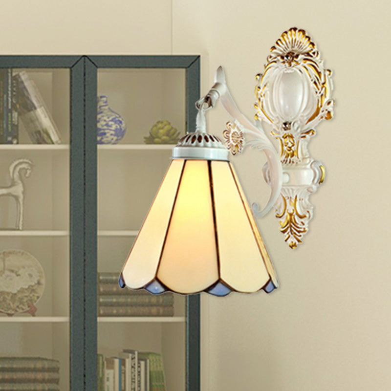 Lisslune | Cone Wall Lamp Traditional Beige Glass 1 Light Wall Lighting in White Finish for Bedroom