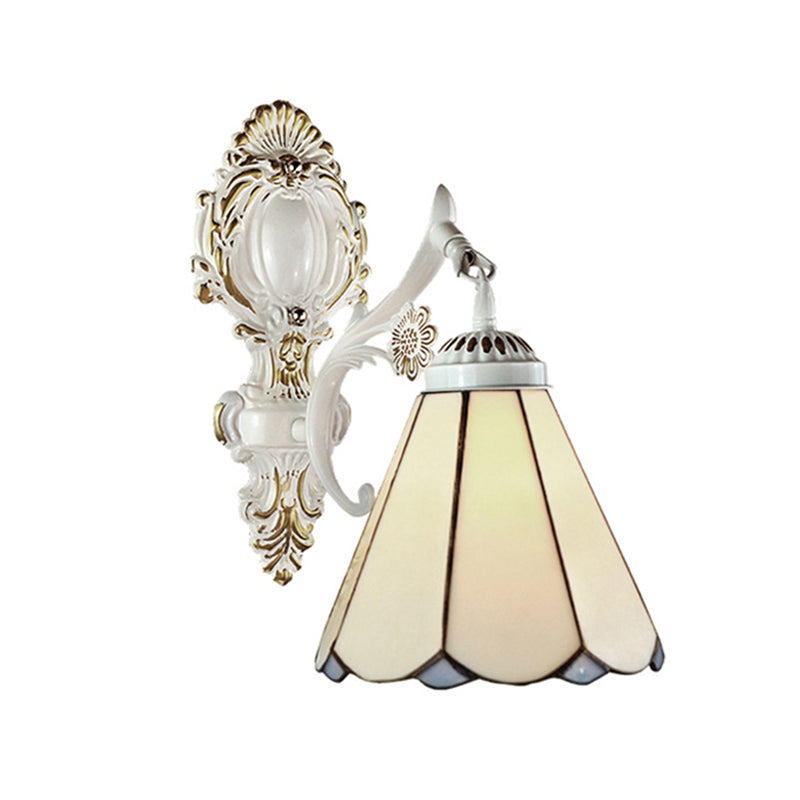 Lisslune | Cone Wall Lamp Traditional Beige Glass 1 Light Wall Lighting in White Finish for Bedroom