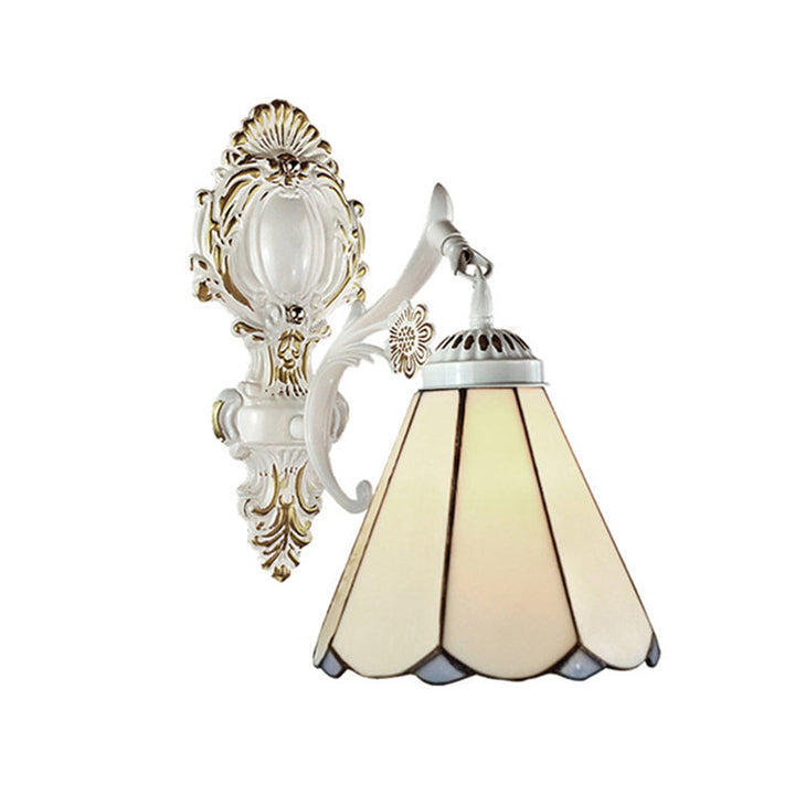 Lisslune | Cone Wall Lamp Traditional Beige Glass 1 Light Wall Lighting in White Finish for Bedroom