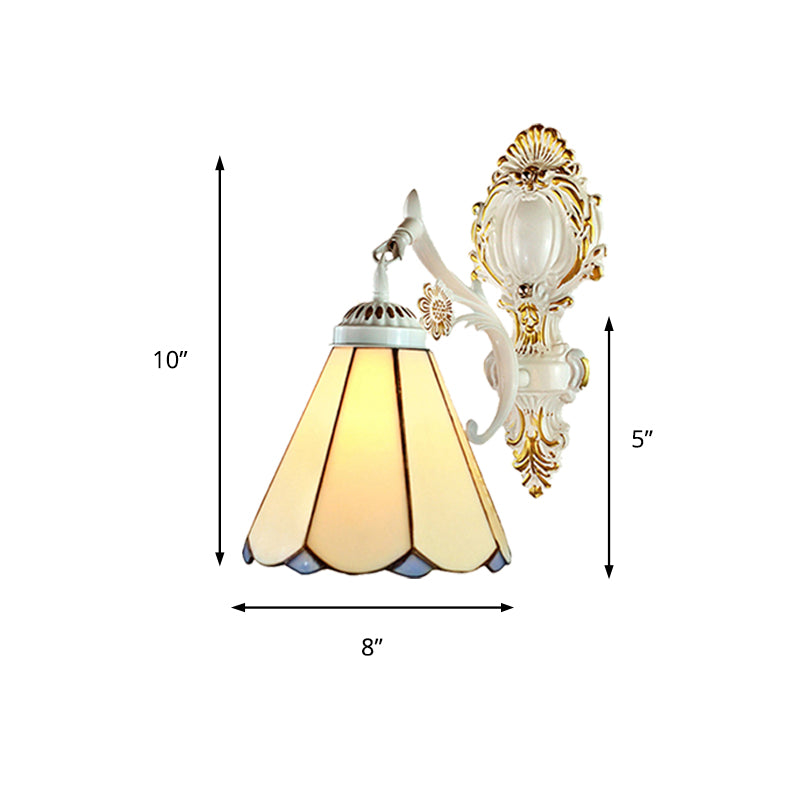 Lisslune | Cone Wall Lamp Traditional Beige Glass 1 Light Wall Lighting in White Finish for Bedroom
