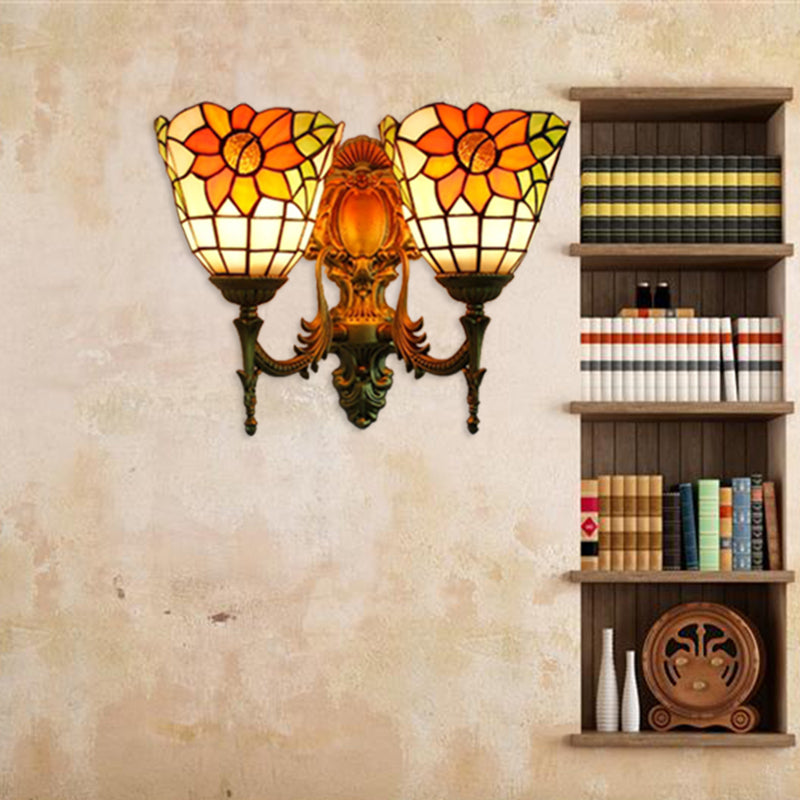 Lisslune | Sunflower Wall Mount Light Lodge Style Stained Glass 2 Heads Wall Lighting for Bedroom