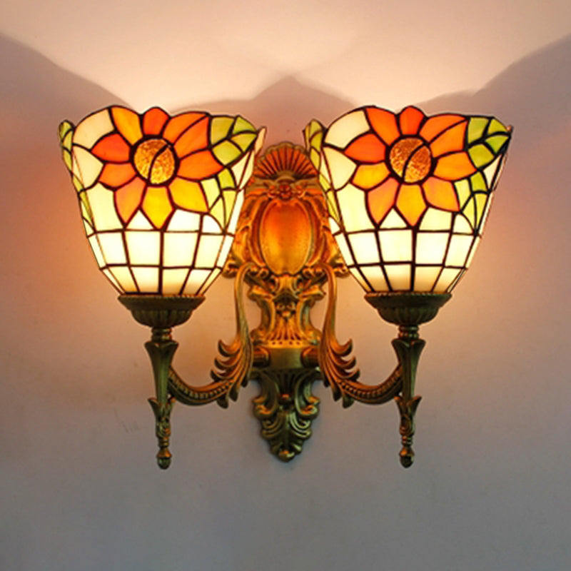 Lisslune | Sunflower Wall Mount Light Lodge Style Stained Glass 2 Heads Wall Lighting for Bedroom