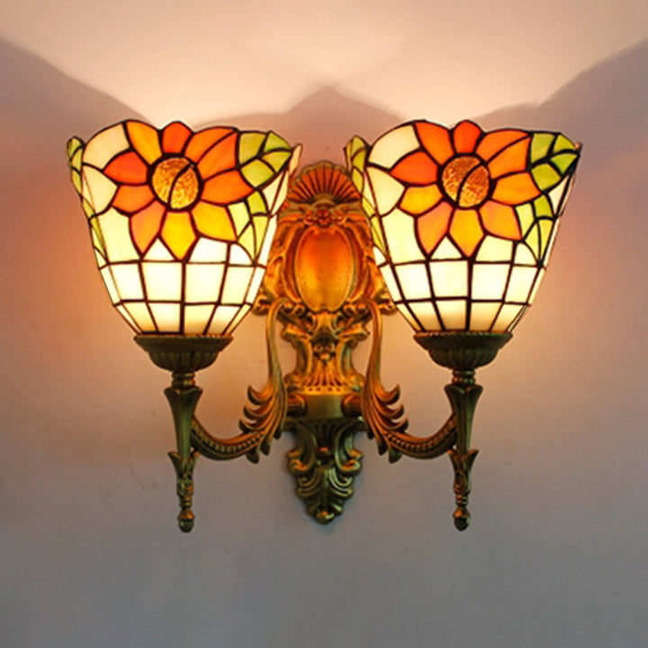 Lisslune | Sunflower Wall Mount Light Lodge Style Stained Glass 2 Heads Wall Lighting for Bedroom