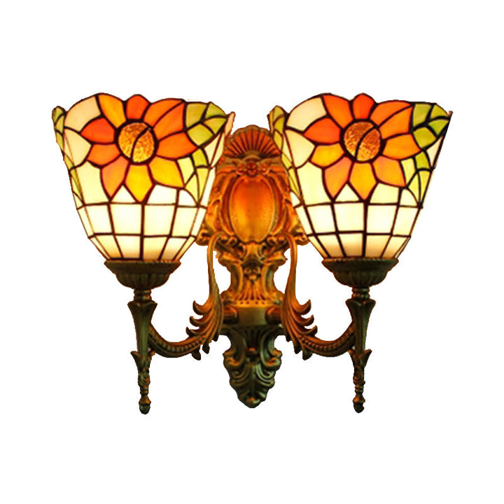 Lisslune | Sunflower Wall Mount Light Lodge Style Stained Glass 2 Heads Wall Lighting for Bedroom