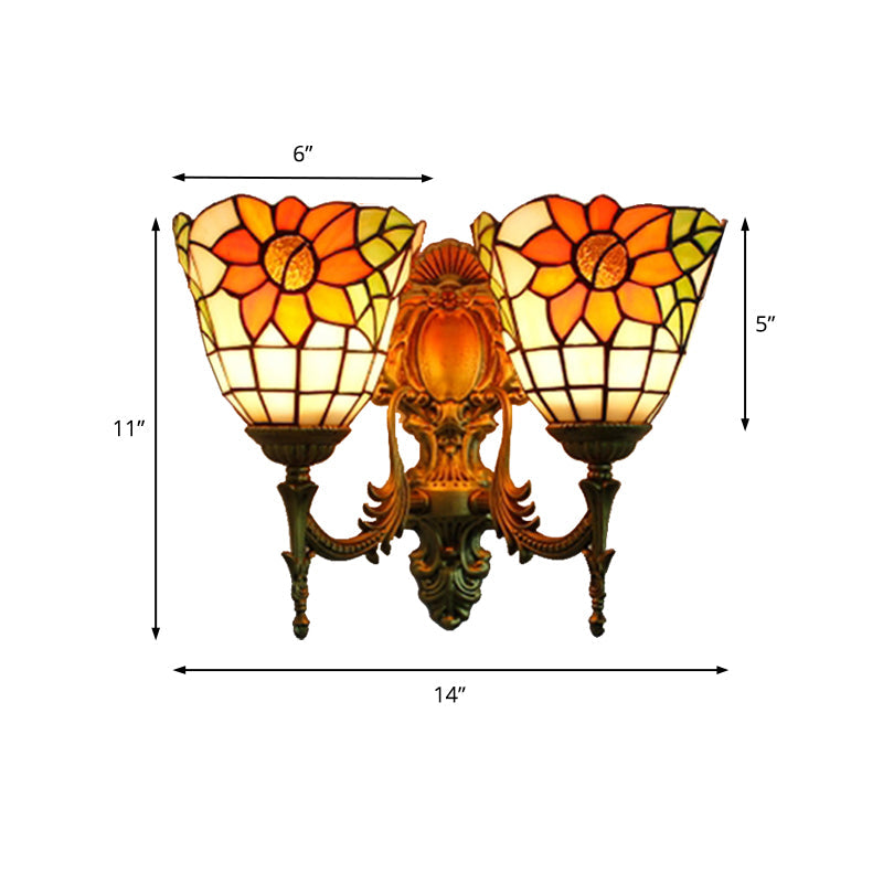 Lisslune | Sunflower Wall Mount Light Lodge Style Stained Glass 2 Heads Wall Lighting for Bedroom