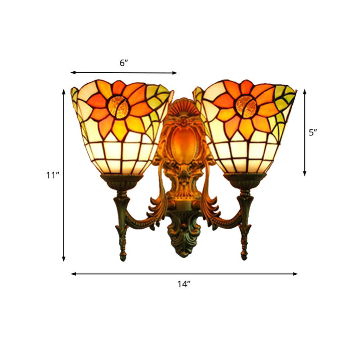 Lisslune | Sunflower Wall Mount Light Lodge Style Stained Glass 2 Heads Wall Lighting for Bedroom