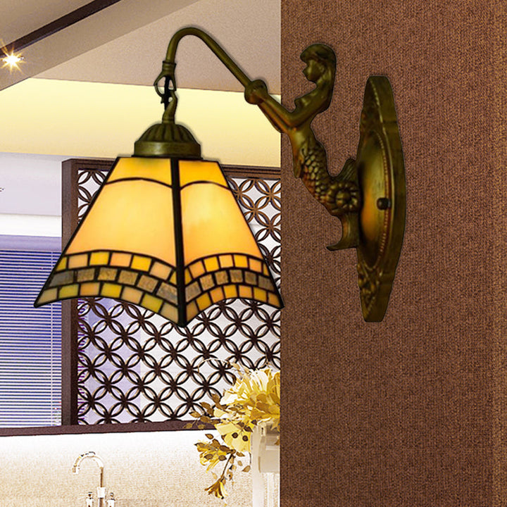 Lisslune | 1 head wall lamp Tiffany trapezoid blue glass wall lamp with mermaid backplate