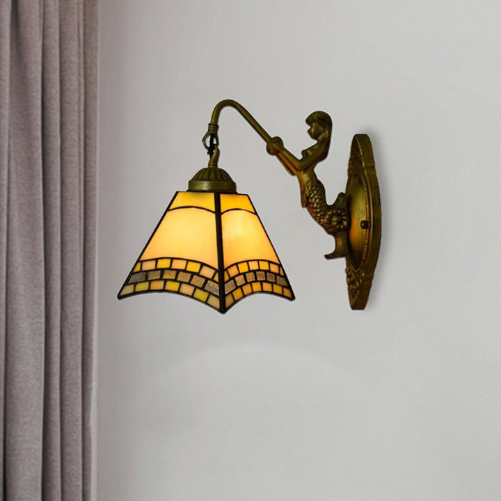 Lisslune | 1 head wall lamp Tiffany trapezoid blue glass wall lamp with mermaid backplate