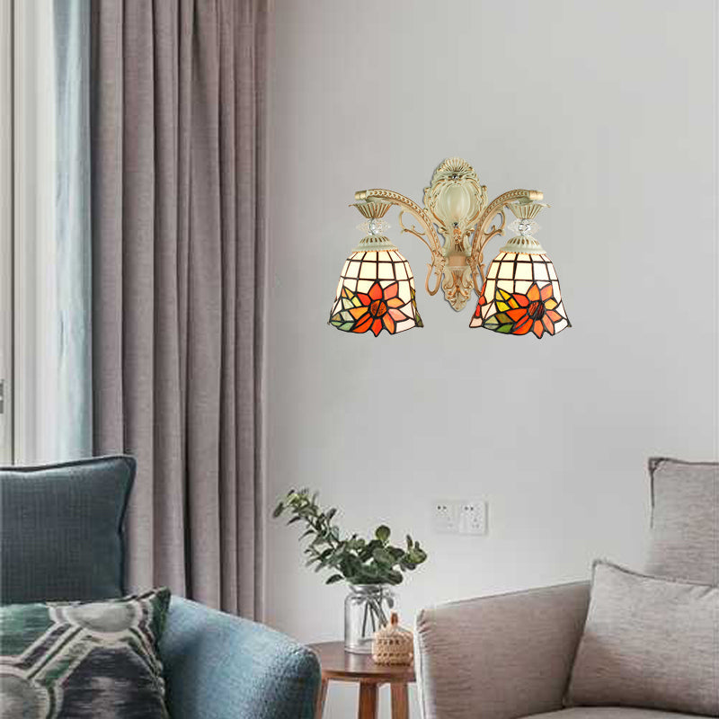 Lisslune | Bell Living Room Wall Lamp with Sunflower Glass 2 Bulbs Traditional Tiffany Wall Light with Arc/Curved Arm in White
