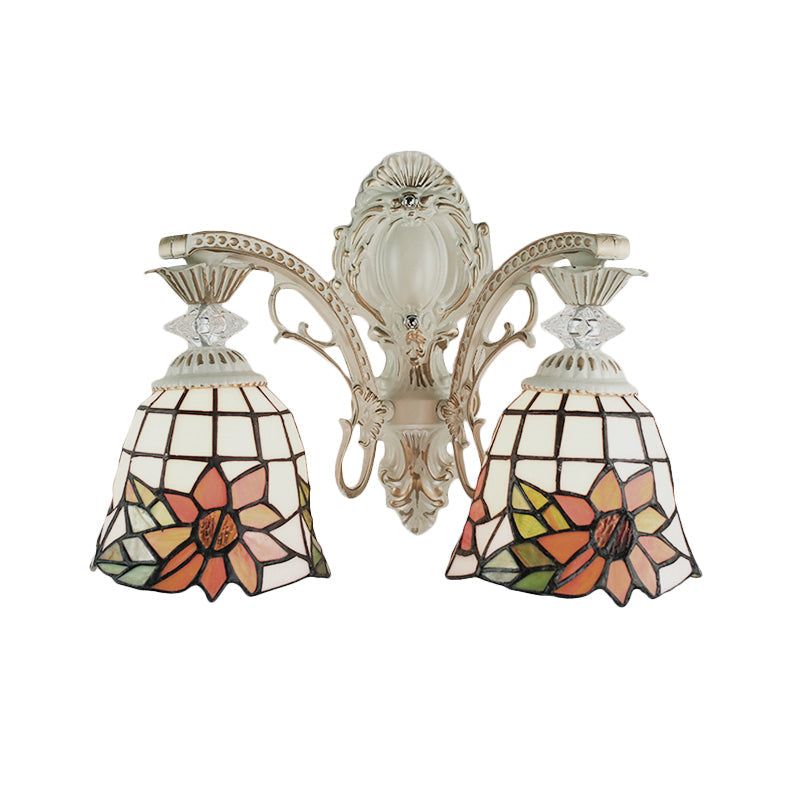 Lisslune | Bell Living Room Wall Lamp with Sunflower Glass 2 Bulbs Traditional Tiffany Wall Light with Arc/Curved Arm in White