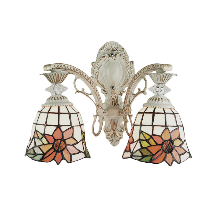Lisslune | Bell Living Room Wall Lamp with Sunflower Glass 2 Bulbs Traditional Tiffany Wall Light with Arc/Curved Arm in White
