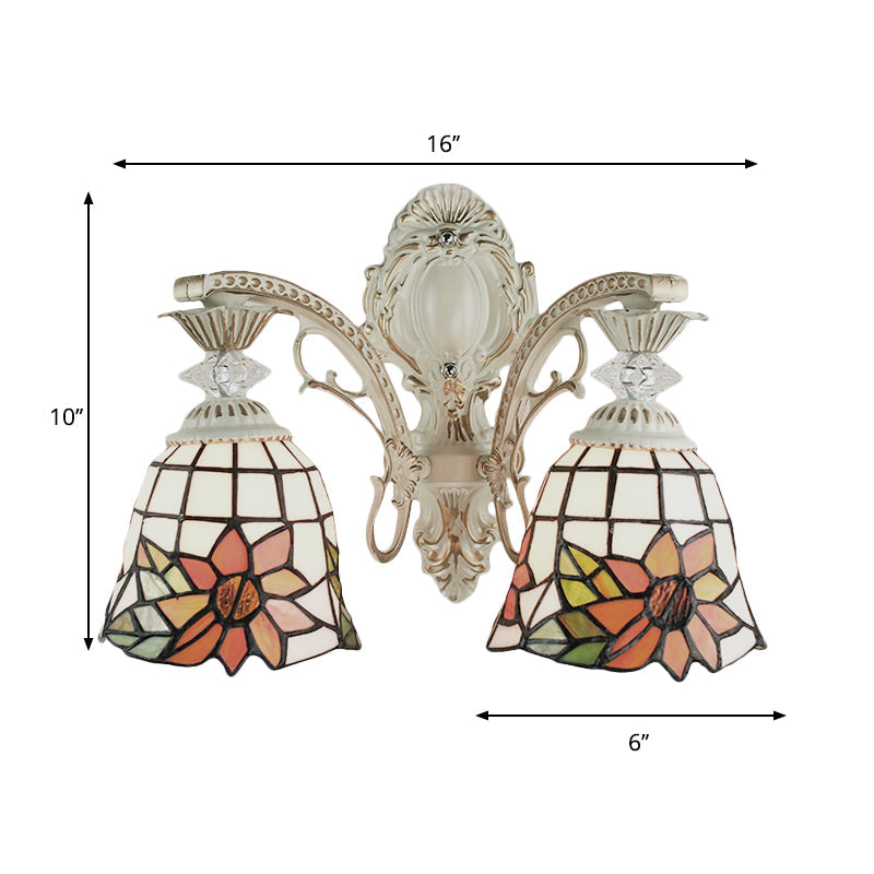Lisslune | Bell Living Room Wall Lamp with Sunflower Glass 2 Bulbs Traditional Tiffany Wall Light with Arc/Curved Arm in White