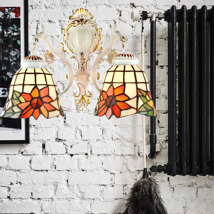 Lisslune | Bell Living Room Wall Lamp with Sunflower Glass 2 Bulbs Traditional Tiffany Wall Light with Arc/Curved Arm in White