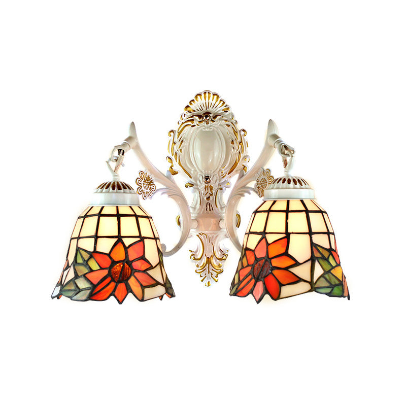 Lisslune | Bell Living Room Wall Lamp with Sunflower Glass 2 Bulbs Traditional Tiffany Wall Light with Arc/Curved Arm in White