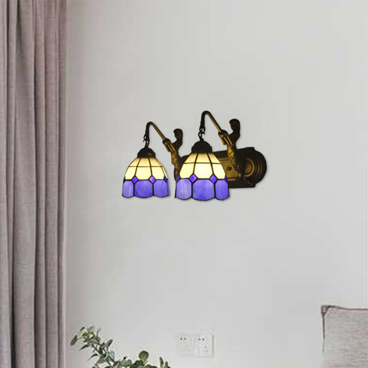 Lisslune | 2 Heads Wall Mount Light Mediterranean Grid Pattern Blue Glass Wall Lamp with Mermaid Backplate