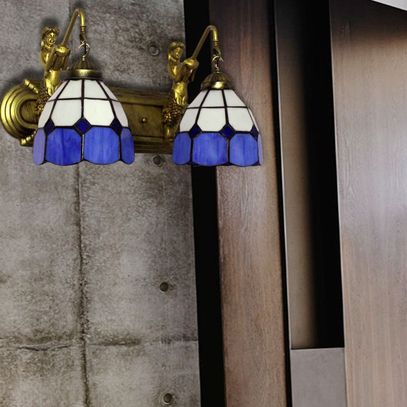 Lisslune | 2 Heads Wall Mount Light Mediterranean Grid Pattern Blue Glass Wall Lamp with Mermaid Backplate