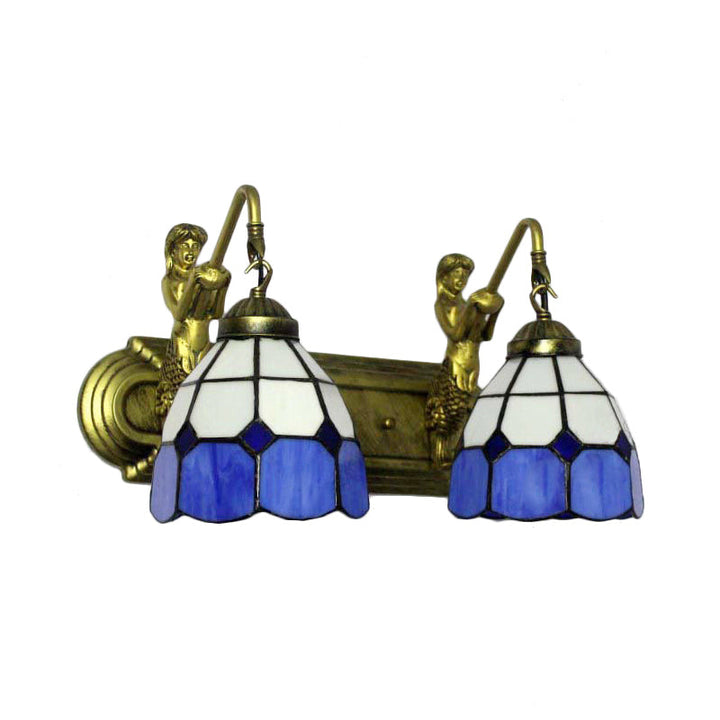 Lisslune | 2 Heads Wall Mount Light Mediterranean Grid Pattern Blue Glass Wall Lamp with Mermaid Backplate