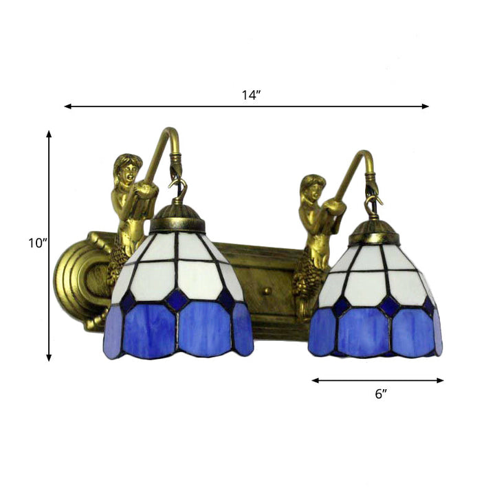Lisslune | 2 Heads Wall Mount Light Mediterranean Grid Pattern Blue Glass Wall Lamp with Mermaid Backplate