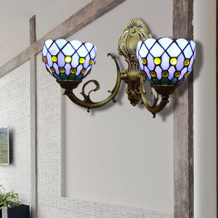 Lisslune | Blue Grid Ball Light Two Lights Classic Tiffany Stained Glass Wall Light for the Bar