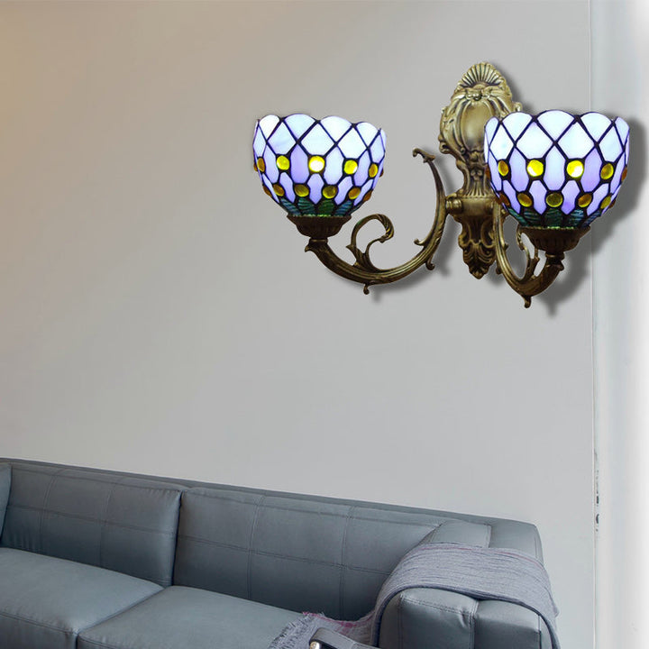 Lisslune | Blue Grid Ball Light Two Lights Classic Tiffany Stained Glass Wall Light for the Bar