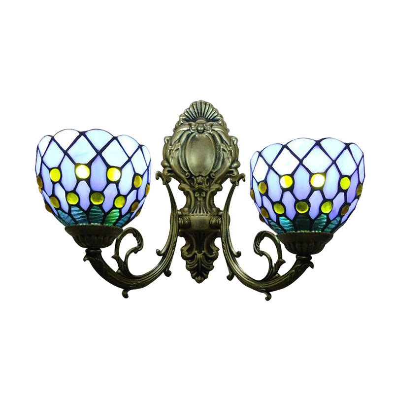 Lisslune | Blue Grid Ball Light Two Lights Classic Tiffany Stained Glass Wall Light for the Bar
