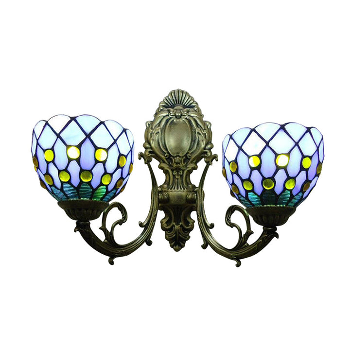Lisslune | Blue Grid Ball Light Two Lights Classic Tiffany Stained Glass Wall Light for the Bar