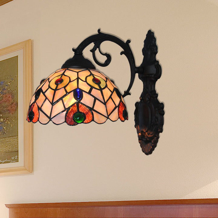 Lisslune | Rustic Loft Dome Wall Lamp Colored Glass 1 Head Wall Mount Light with Curved Arm for Dining Room