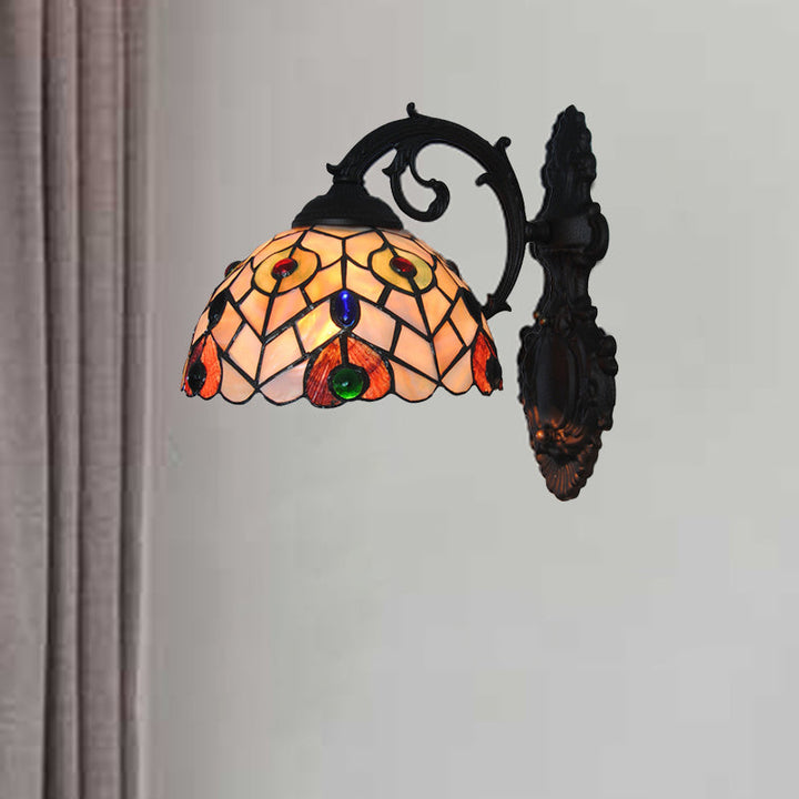 Lisslune | Rustic Loft Dome Wall Lamp Colored Glass 1 Head Wall Mount Light with Curved Arm for Dining Room