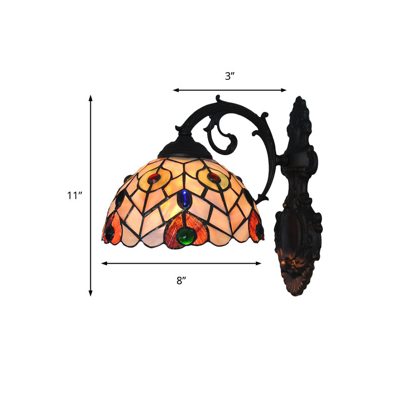 Lisslune | Rustic Loft Dome Wall Lamp Colored Glass 1 Head Wall Mount Light with Curved Arm for Dining Room
