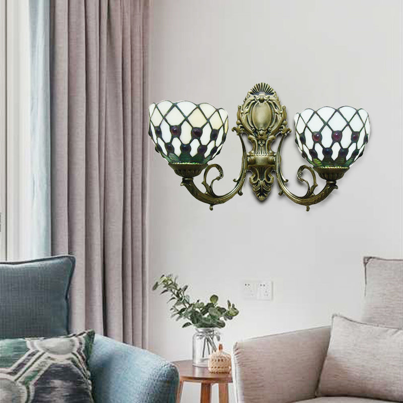 Lisslune | 2-Lamp Grid Bowl Wall Lamp Tiffany Traditional Wall Lamp in Blue/Beige for the Bathroom