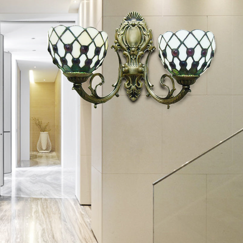 Lisslune | 2-Lamp Grid Bowl Wall Lamp Tiffany Traditional Wall Lamp in Blue/Beige for the Bathroom