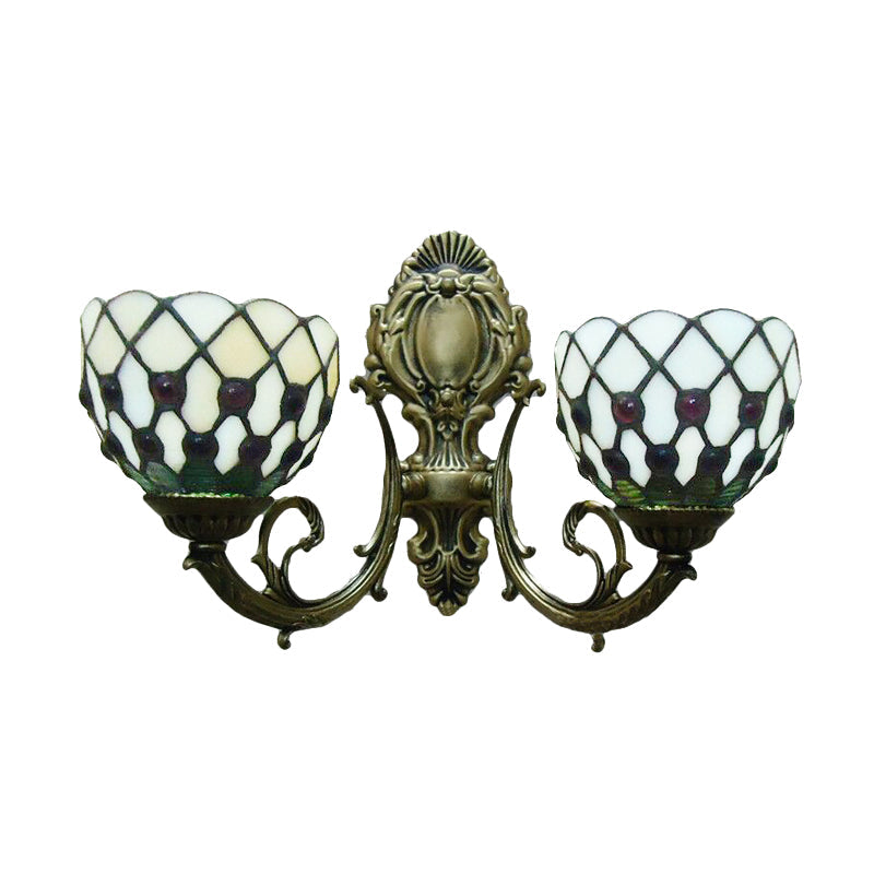 Lisslune | 2-Lamp Grid Bowl Wall Lamp Tiffany Traditional Wall Lamp in Blue/Beige for the Bathroom