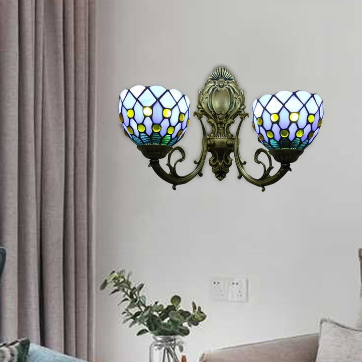 Lisslune | 2-Lamp Grid Bowl Wall Lamp Tiffany Traditional Wall Lamp in Blue/Beige for the Bathroom