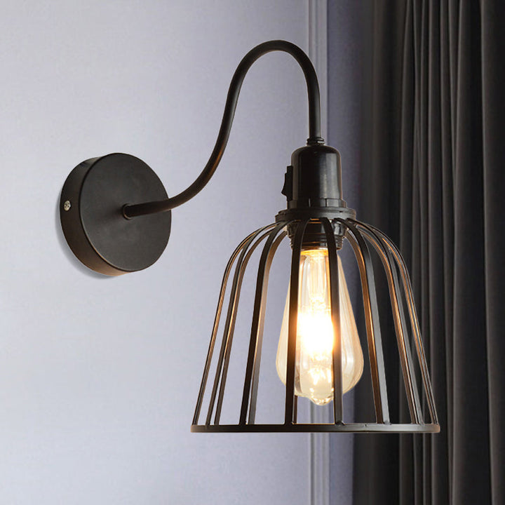 Lisslune | Gooseneck Arm Metal Wall Light with Bell Cage Shade Retro 1 Light Dining Room Wall Lamp in Black